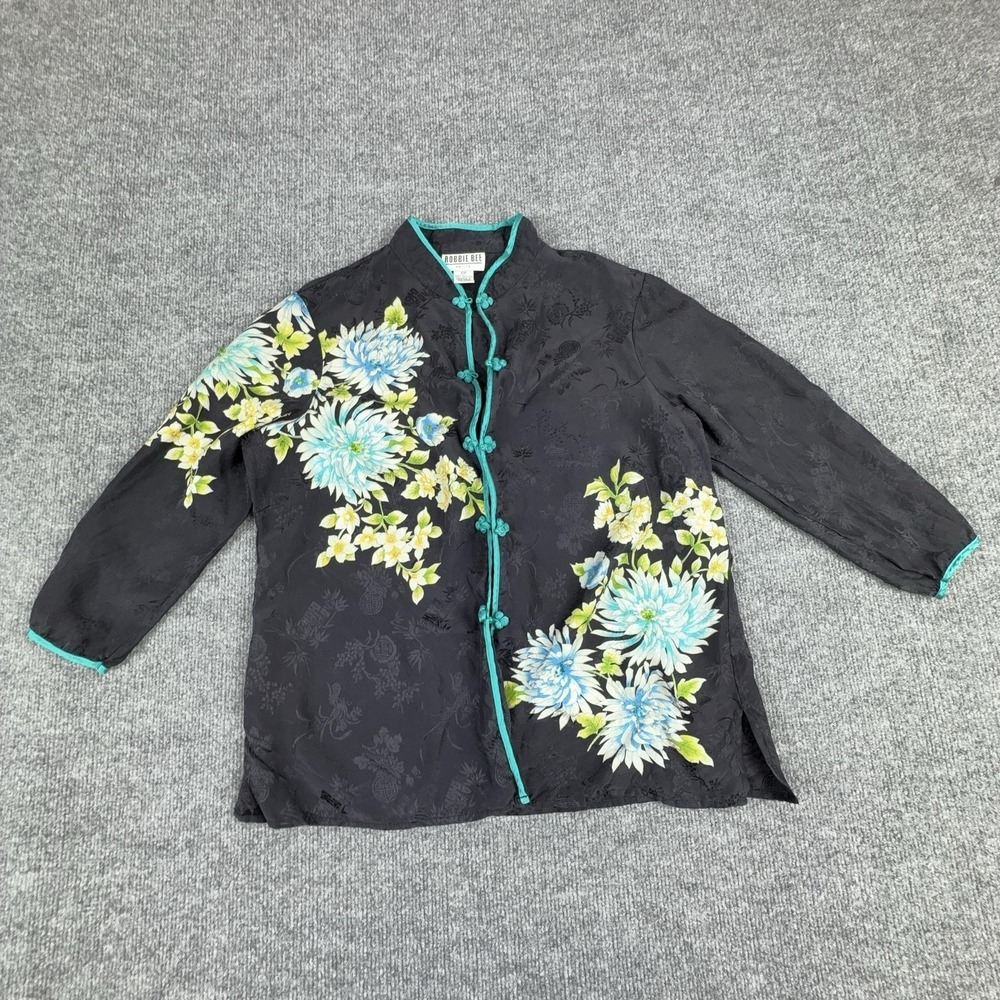 Robbie Bee Blouse Womens 10P Petite Black Floral Silk Kimono Top 3/4 Sleeve